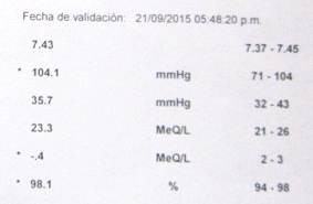 Raporte del 21 de septiembre 2015 con
                              un valor pH de 7,43 en la sangre