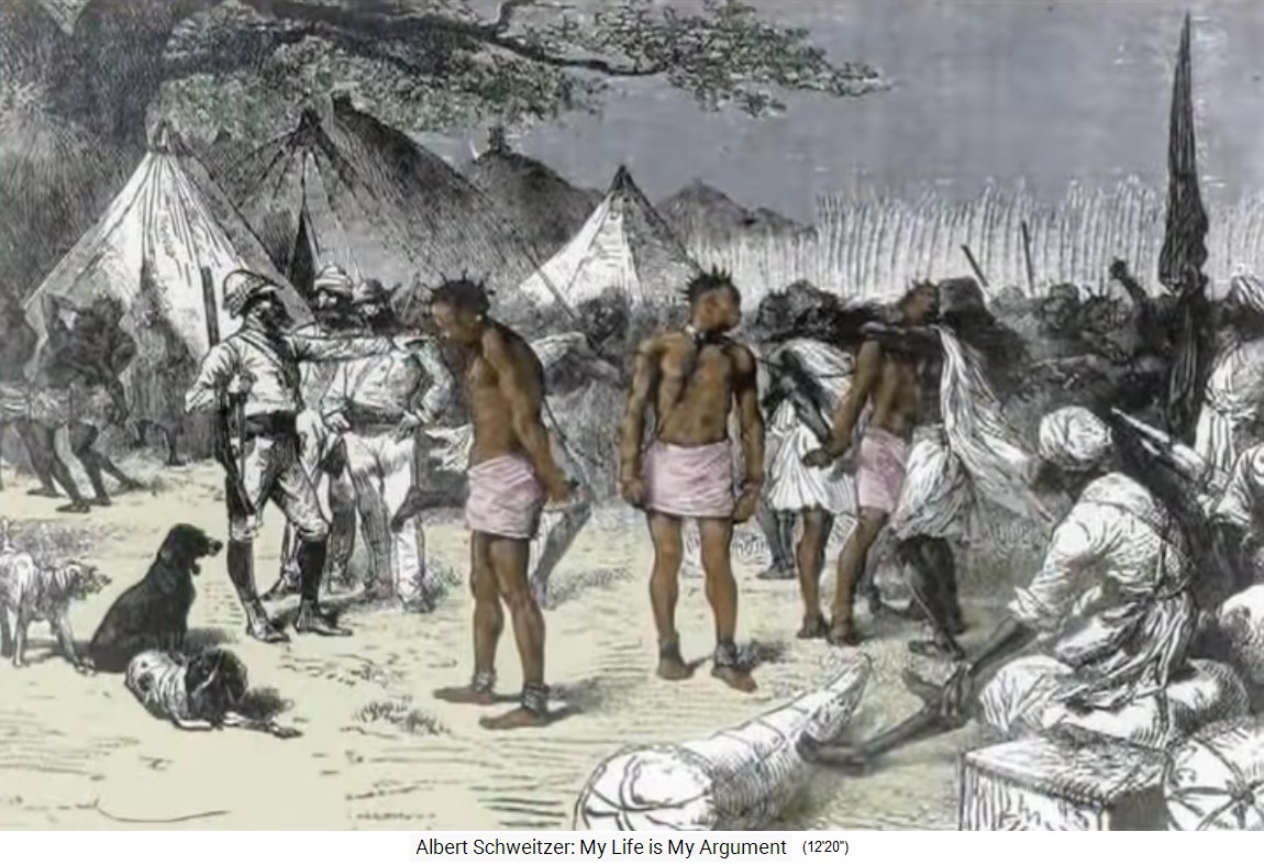 Französisch-Kolonialafrika: Sklaverei mit
                    Sklavenmarkt mit Schwarzen in Ketten