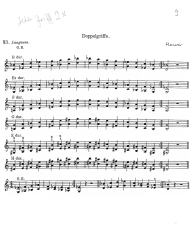 Seite 9: Sexten ohne leere Saite. Die
                            Sexten gehen stufenweise aufw�rts und
                            abw�rts (Sextenreihen) und sind in
                            verschiedenen Tonarten in der ersten und
                            halben Lage (Maurer)