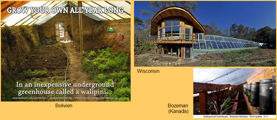 Grubengew�chsh�user "Walipini" in
                    Bolivien, Wisconsin ("USA"), Bozeman
                    (Canada) etc. erm�glichen den Anbau auch im Winter