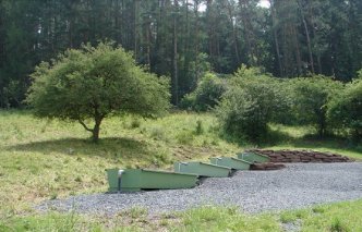 Four sheep drinking troughs staggered on the
                    slope, near Kaltennordheim in the R�hn, Germany