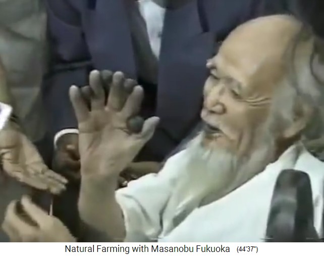 Conferencia de
                    prensa con Fukuoka en Dahanu 01, los periodistas
                    pusieron bolas de semillas entre los dedos de su
                    mano derecha