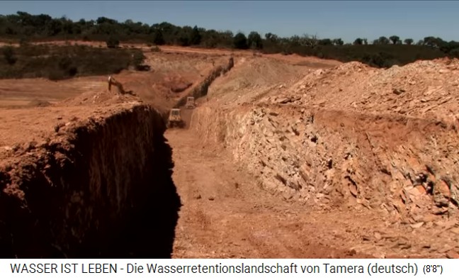 Tamera
                    (Portugal), Bau von See 1: Die Lehmschicht im Graben
                    wird gewalzt