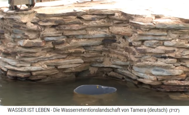 Tamera (Portugal), Seeufer von See 1, das
                    Wasserspiegel-Kontrollrohr - Nahaufnahme