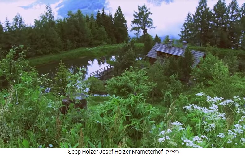 Granja Krameterhof de Sepp
                    Holzer, casa intermedia con sistema de estanque
                    semicircular, vista desde arriba