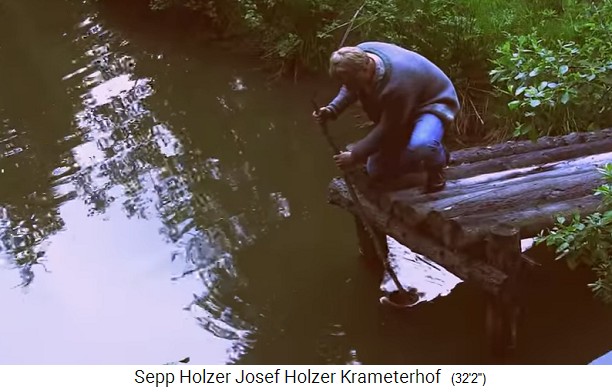 Granja Krameterhof de
                    Sepp Holzer: El tubo de control en el estanque se
                    puede inclinar para bajar el nivel del estanque 01