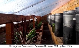 Pit greenhouse in Bozeman in Montana
                              (Canada) - interior view with cold air
                              ditch and water barrel heating 2