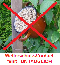 UNTAUGLICHES
                            R�hrchen-Insektenhotel in einem roten
                            Kochtopf in einem Baum aufgeh�ngt OHNE
                            WETTERSCHUTZ-VORDACH UNTAUGLICH