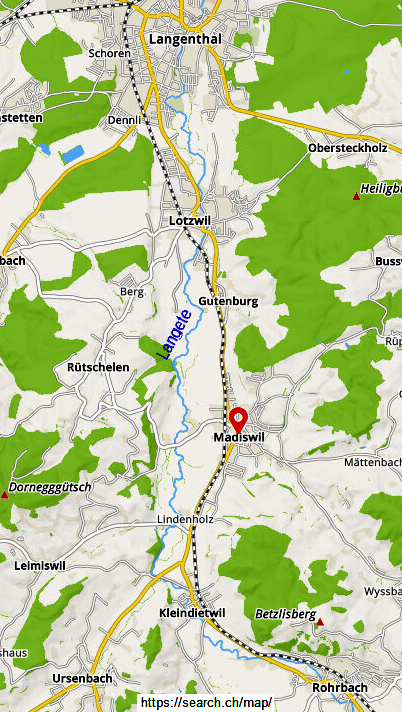 Mapa
                    con el Langete entre Langenthal y Rohrbach con
                    bucles + meandros originales