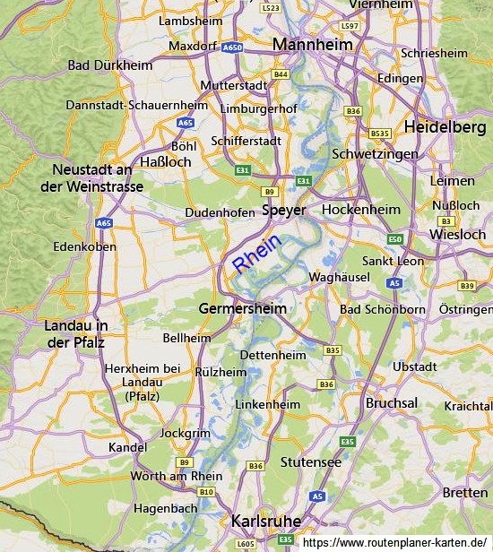 Mapa del Rin entre Karlsruhe y Mannheim con
                    restos de los bucles + meandros originales