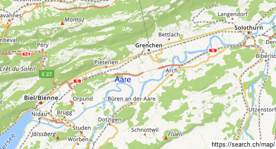 Mapa del r�o Aare
                    entre Biel y Solothurn con bucles + meandros
                    originales
