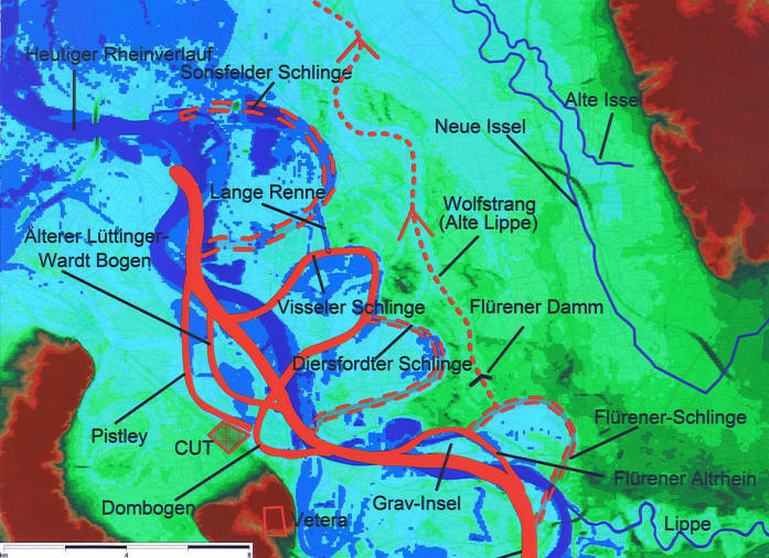 Bajo Rin (NRW, Alemania) con el Rin
                            canalizado, los viejos meandros est�n
                            pintados en rojo y se denominan
                            "bucles" ("Schlinge")