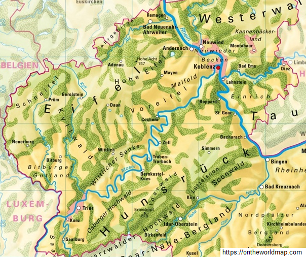 Mapa con el r�o Mosela
                    entre Coblenza (Koblenz) y Tr�veris (Trier) en
                    Alemania con bucles + meandros originales