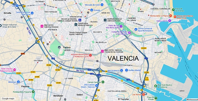 Mappa / pianta della citt�
                    di Valencia con il fiume R�o Turia completamente
                    violentato, come una matita senza delta