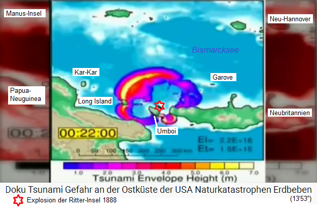 Karte mit der Ritter-Insel und dem
                            Tsunami von 1888 nach 22 Minuten (01)