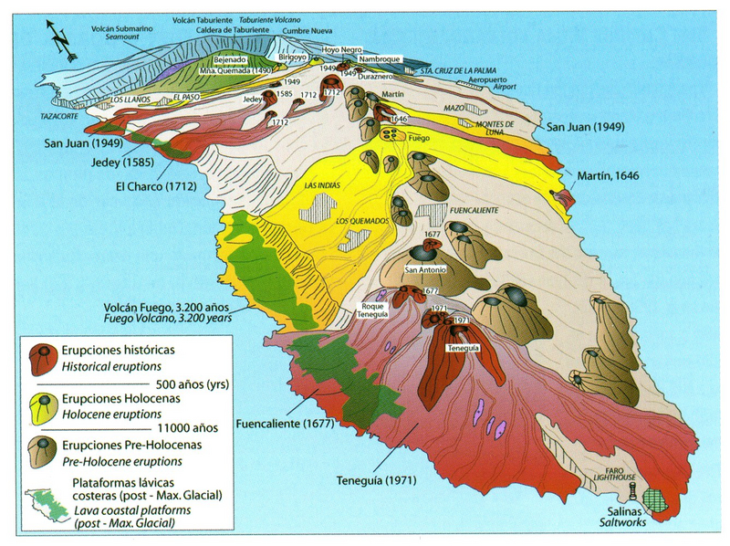 Karte der Insel La Palma mit
                  Vulkanausbrüchen mit Jahreszahlen