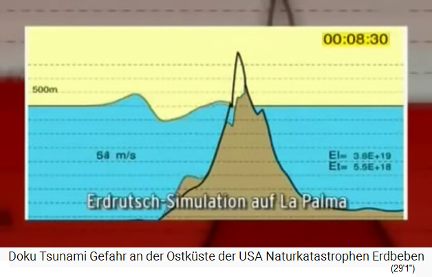 Computermodell Querschnitt mit dem Bergsturz
                    und Tsunamiwelle von La Palma 04