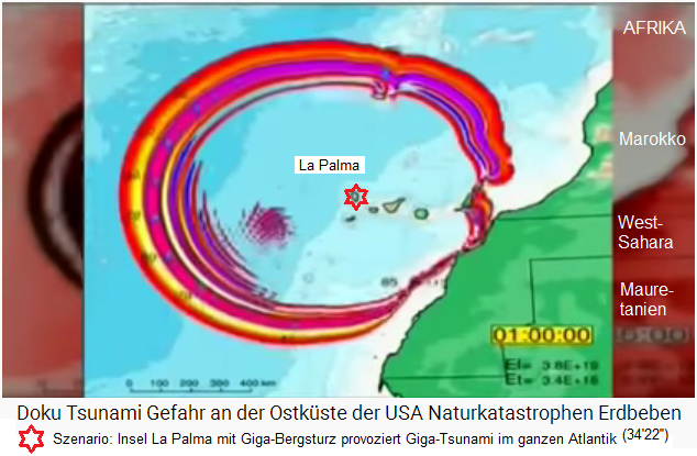 Karte mit der
                    Computersimulation von Bergsturz+Tsunami von La
                    Palma, die afrikanische Küste wird erreicht