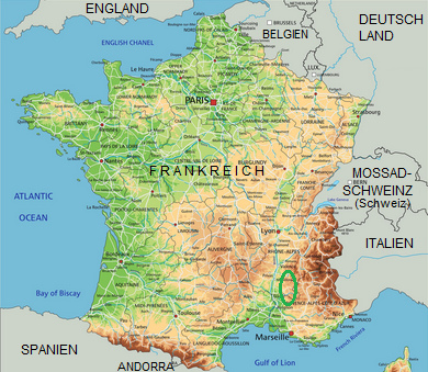Karte von
                          Frankreich mit dem Waldgebiet zwischen Durance
                          und Drme