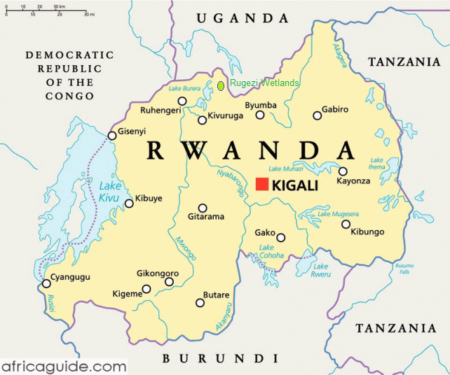 Karte von Ruanda mit den Rugezi
                    Wetlands und Kigali