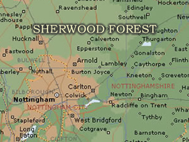 Map with the position of Sherwood Forest
                          north of Nottingham in England