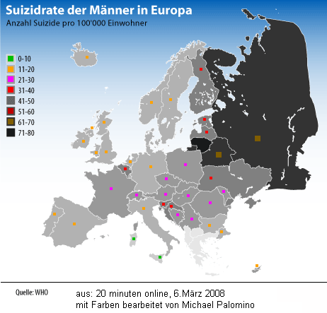 Selbstmordraten der M�nner in Europa 2008
                      gem�ss WHO (aus 20 minuten online, 6.3.2008)