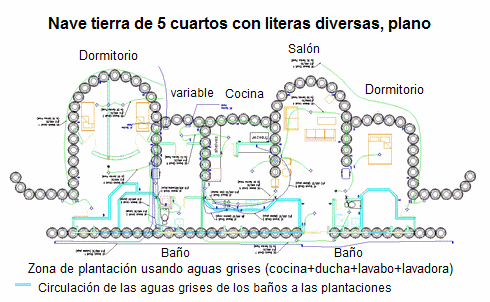 Nave tierra de 5 cuartos con literas
                              de diverso tama�o y 2 ba�os