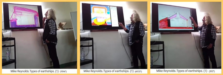 Pionierarchitekt Michael
                          Reynolds beim Vortrag zeigt den Querschnitt
                          eines Grubenhauses, eines Paket-Erdschiffs und
                          eines runden Erdschiffs mit Kuppeldach mit
                          Oberlicht