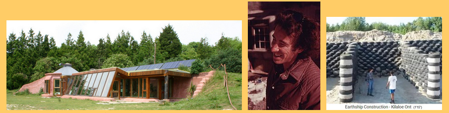 Earthship in Brighton,
                  architect Reynolds, wall in it's rough construction
                  with tires filled with earth forming a bunk