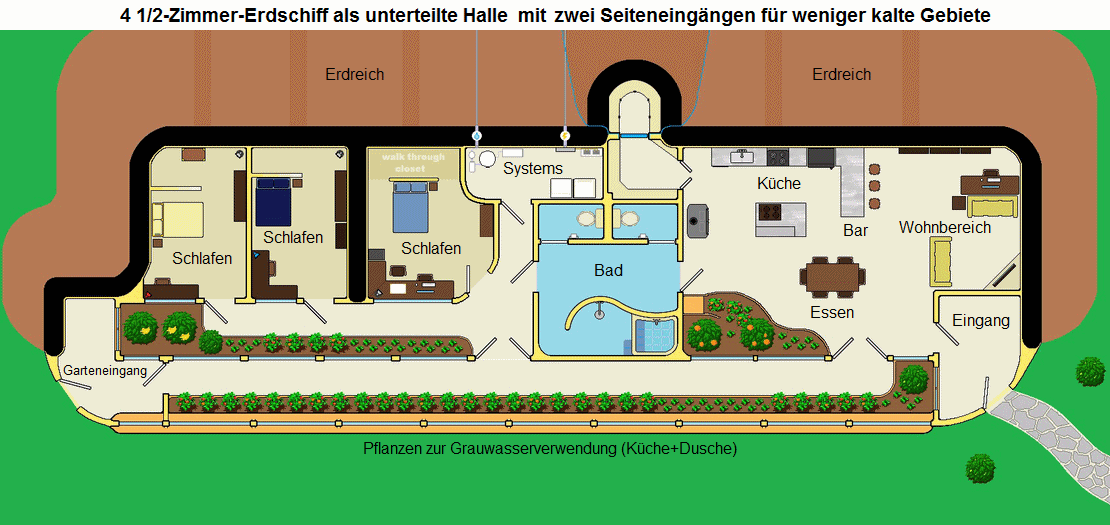 4-Zimmer-Erdschiff als
                            rechteckige Halle mit Zwischenw�nden
                            unterteilt, Grundriss