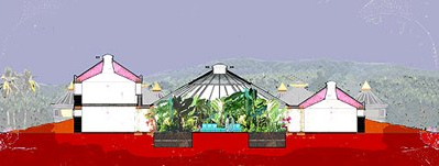 Erdschiff auf Hawaii mit
                    Dreifachkuppel, Querschnitt