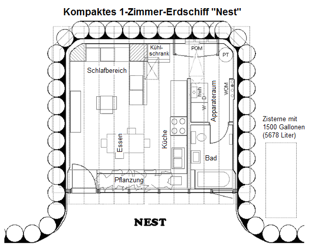 Kompaktes
                              1-Zimmer-Erdschiff "Nest",
                              Grundriss, ca. 600 Quadratfuss (ca.
                              55,7m2)