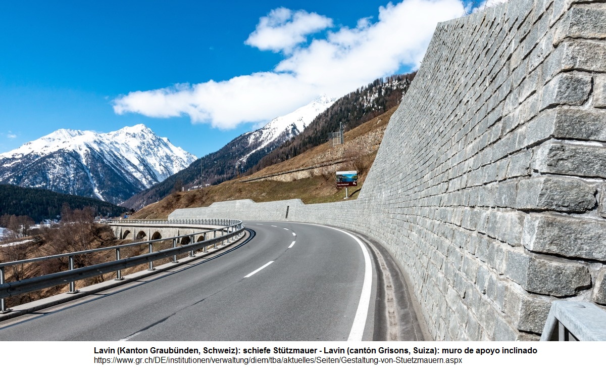 Kanton
                          Graub�nden in der Schweiz: Schiefe St�tzmauer
                          in Lavin