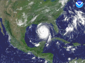 Hurrikan Katrina 2005, Satellitenfoto: Die
              Zerst�rung von New Orleans steht bevor, alles geplant mit
              HAARP