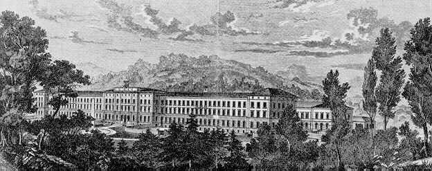 Die Psychiatrie
              Burghölzli in Zureich (Zürich) um 1900, ein eingemauertes
              Hotel für medizinische Zwangsexperimente.