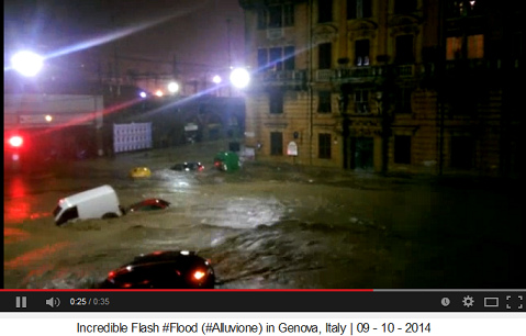 Génova inundada por juegos de HAARP, 10-10-2014, carros flotando en el agua