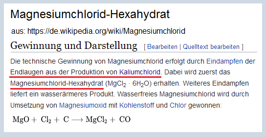 Magnesiumchlorid-Hexahydrat wird aus
                den Endlaugen des gespritzt tödlichen Kaliumchlorid
                hergestell