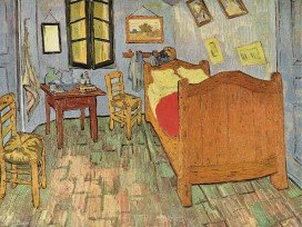 "El dormitorio" de Van Gogh, Arles
                      1889: cama, mesa, silla, m�s no se necesita
