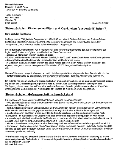 Anfrage von Palomino an Hugo Stamm 01
                          wegen kriminellen Steiner-Eltern, 25.2.2002