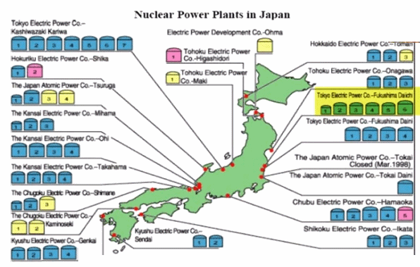 Karte von Japan mit den
                    Atomkraftwerken an den Küsten - Japan ist ein durch
                    Erdbeben höchst gefährdetes Gebiet und Tsunamis sind
                    nicht selten...