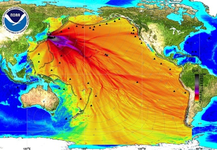 Karte des durch Fukushima
                  radioaktiv verseuchten Pazifik