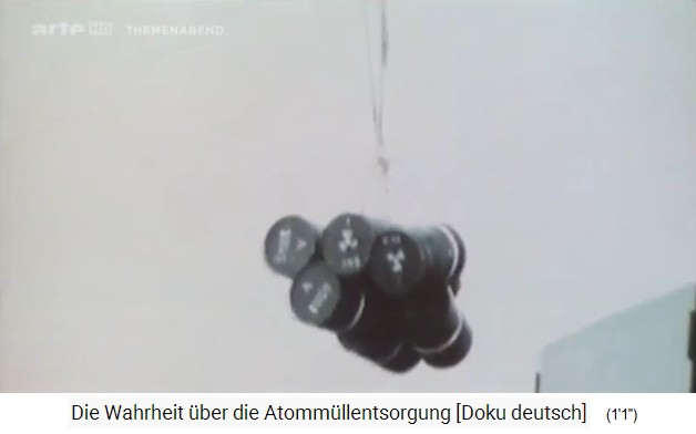 Atommüllverklappung im
                  offenen Meer: Hier hängen Atommüllfässer am
                  Schiffskran, mit dem Symbol "radioaktiv"