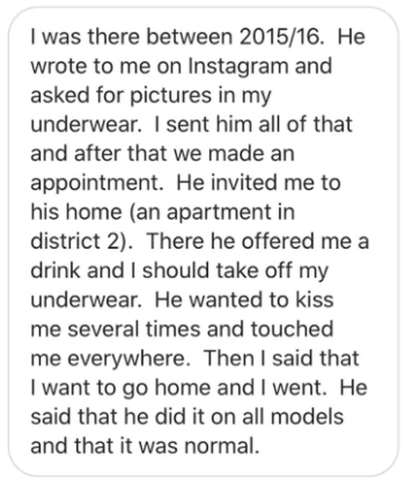 Beschreibung eines Missbrauchs durch den
                          Vergewaltiger-Model-Agent E.M. an einem
                          männlichen Model (screenshot instagram)