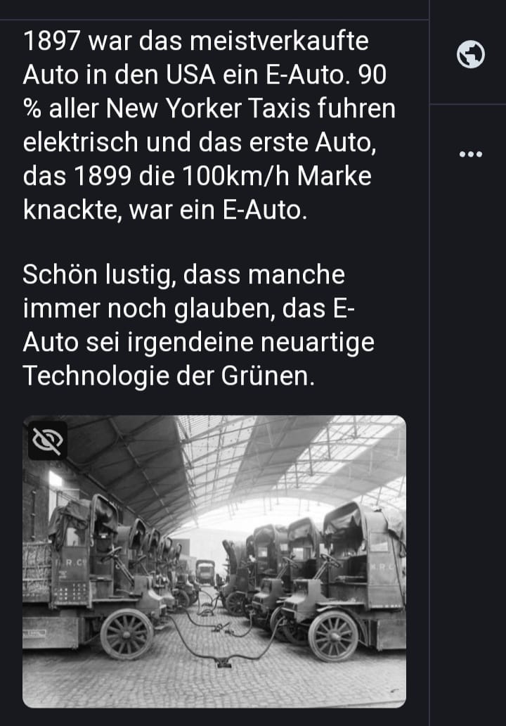 Es wird behauptet am 25.5.2024: In den
                          "USA" waren bis 1897 ein Drittel der
                          Autos elektrisch OHNE belastende Batterien