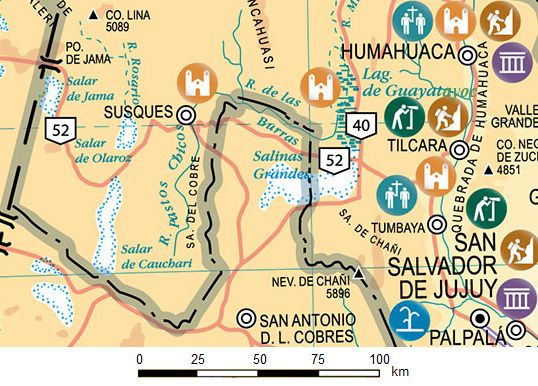 mapa de la provincia de
                        Jujuy con la laguna flamenca Guayatayoc y el
                        lago salado Salinas Grandes
