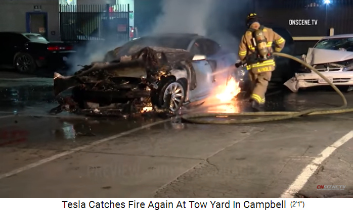 Tesla
                  aus Los Gatos brennt gleich zweimal, Löscharbeiten in
                  Campbell, 19.Dez.2019 02