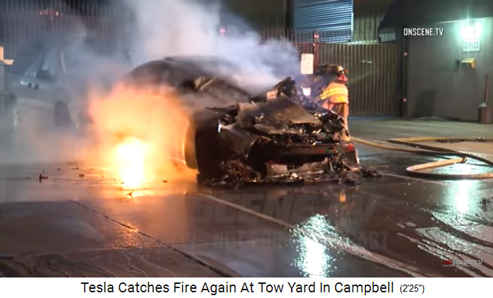 Tesla
                  aus Los Gatos brennt gleich zweimal, Löscharbeiten in
                  Campbell, 19.Dez.2019 03