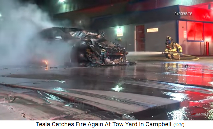 Tesla
                  aus Los Gatos brennt gleich zweimal, Löscharbeiten in
                  Campbell, 19.Dez.2019 05