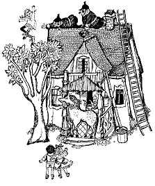 Pippi Langstrumpf spielt Fangis am Haus mit
                      der Polizei bis aufs Dach und auf den Baum