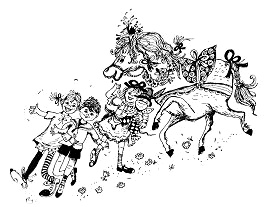 Pippi, Thomas, Annika, Nilsson und das Pferd
                      werden zu Tisch geführt